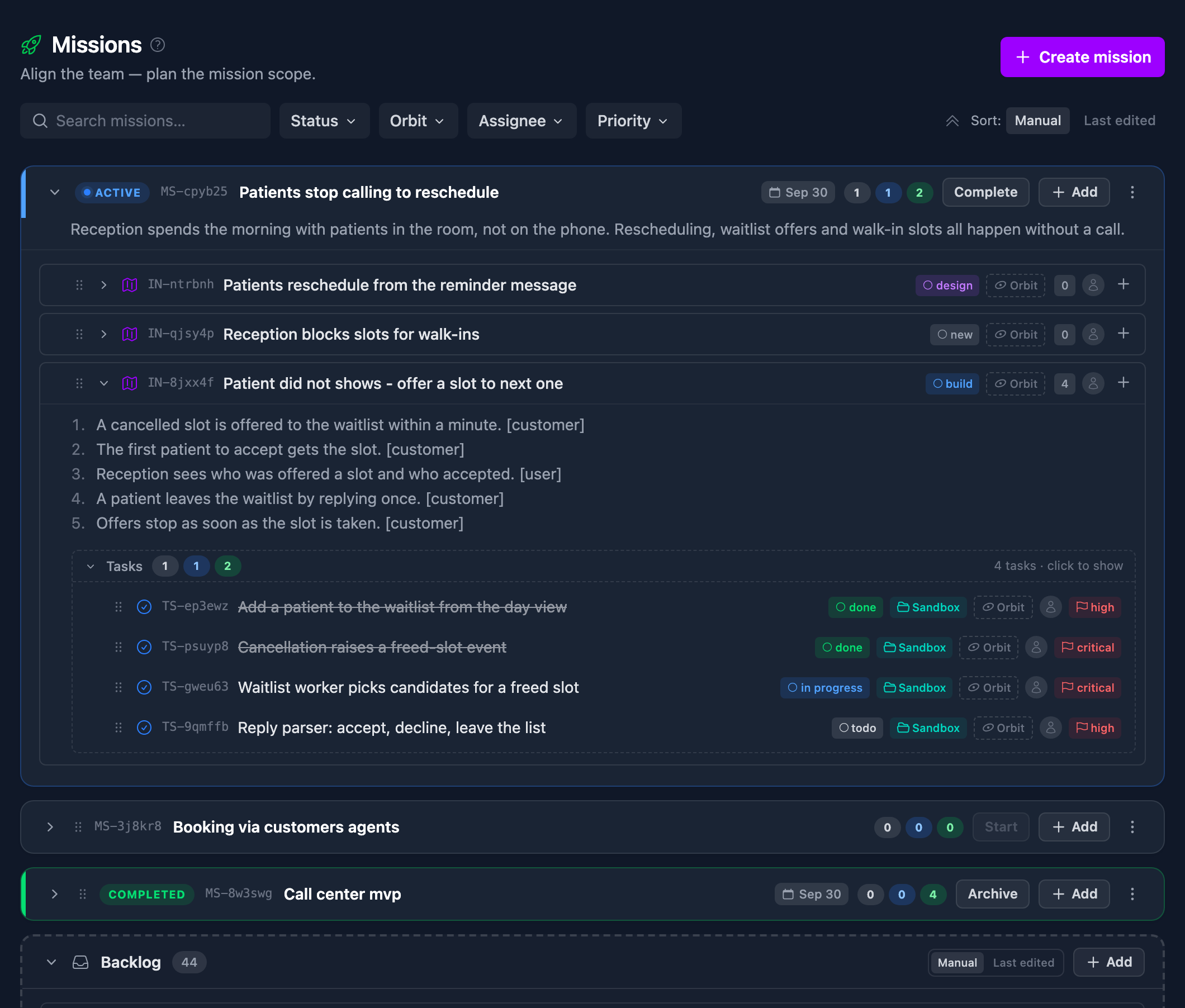 The OrbitMap missions view: a mission, its intents with their outcomes, and the tasks underneath.